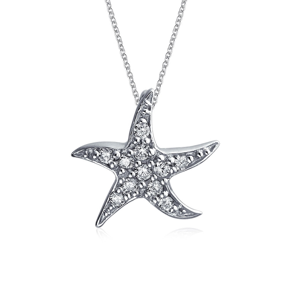 Nautical Beach Starfish Pendant Necklace For Women Dancing Marine Life Pave Cubic Zirconia Cz 925 Silver 16 Inch Chain Bling Jewelry 0