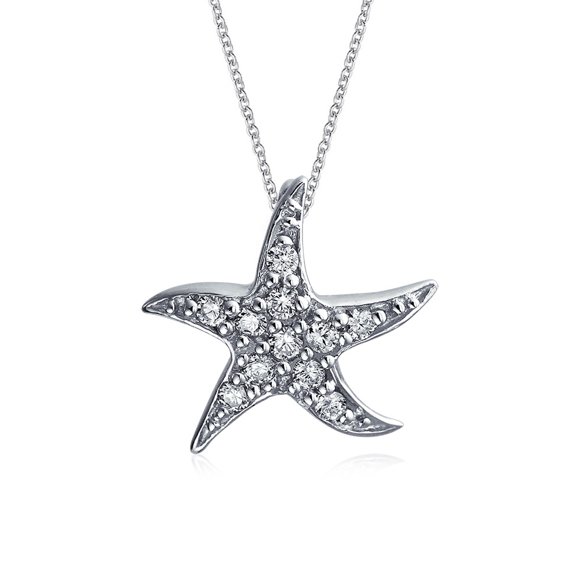 Bling Jewelry Womens Nautical Beach Small Starfish Pave CZ Pendant Necklace Sterling Silver 0.55 Inch