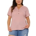 thumbnail image 1 of Tops de túnica de waffle para mujeres de tallas grandes Agnes Orinda con decoración de botones, cuello en V, manga corta enrollada, camiseta de verano casual, blusa 3X rosa, 1 of 6