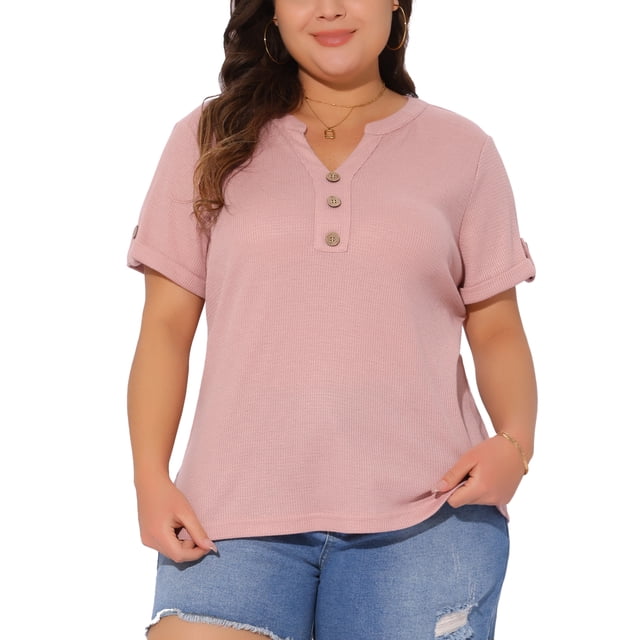 Tops de túnica de waffle para mujeres de tallas grandes Agnes Orinda con decoración de botones, cuello en V, manga corta enrollada, camiseta de verano casual, blusa 3X rosa