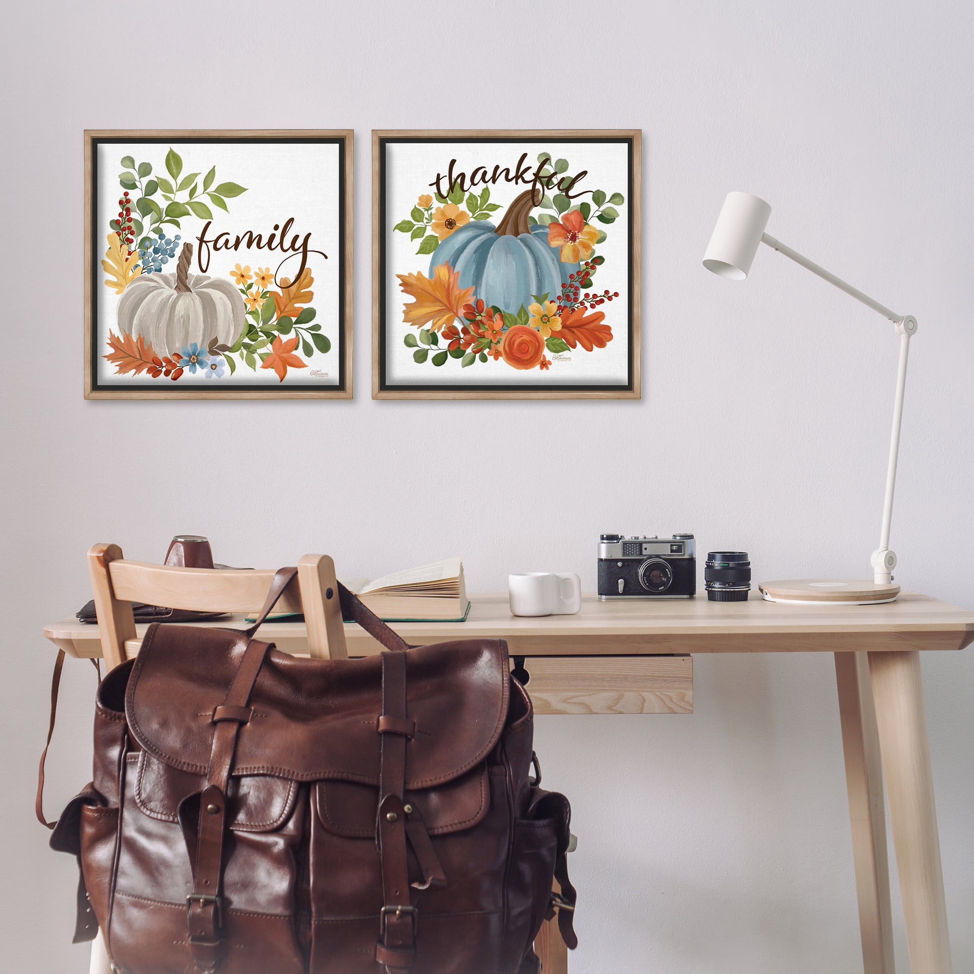Stupell Industries Family Thankful Fall Pumkin Botanical & Floral Painting Brown Floater Framed Canvas Art Prints Wall Art, 18 x 18, Set of 2