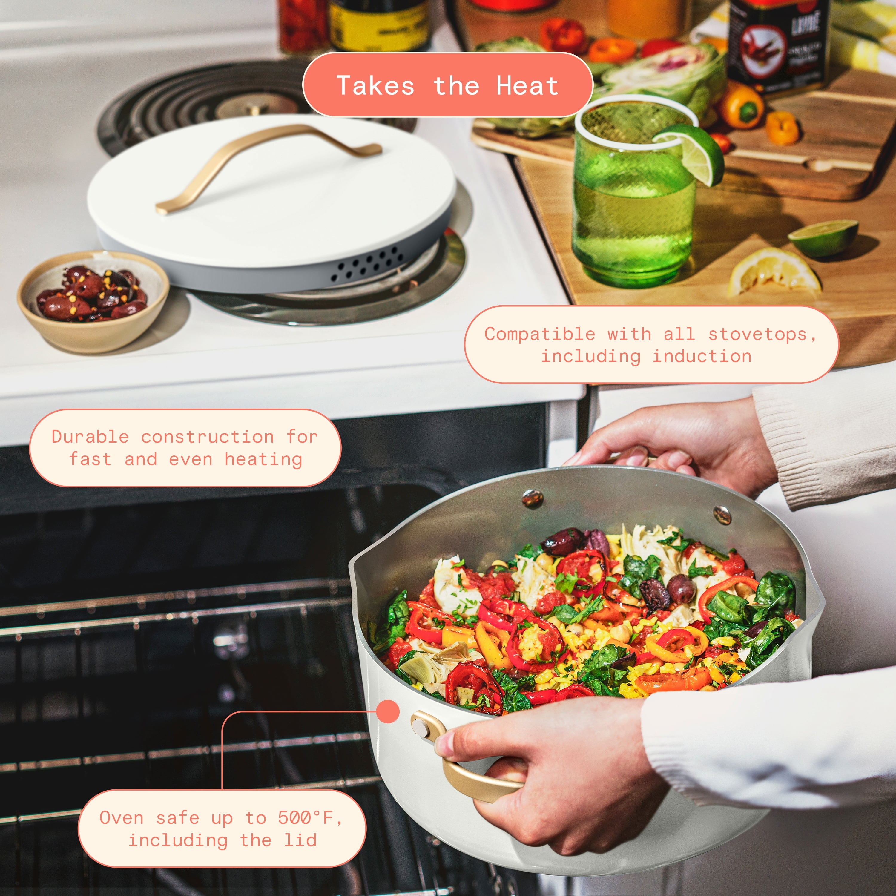 Beautiful 5 Quart Dutch Oven with Strainer Lid and EverGood Ceramic Nonstick Coating, White Icing by Drew Barrymore