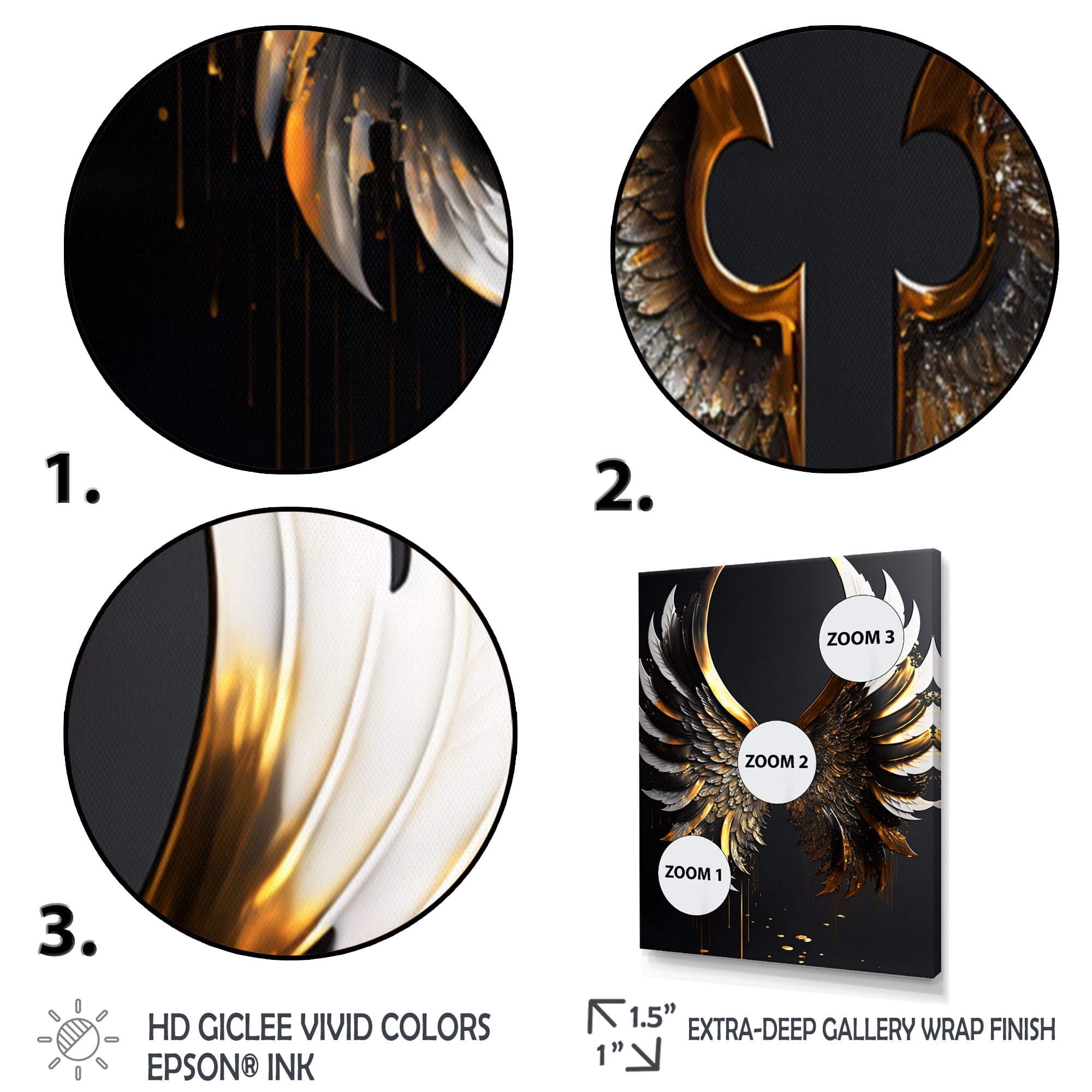 Designart Black Silver And Gold Angel Wings IV Canvas Wall Art