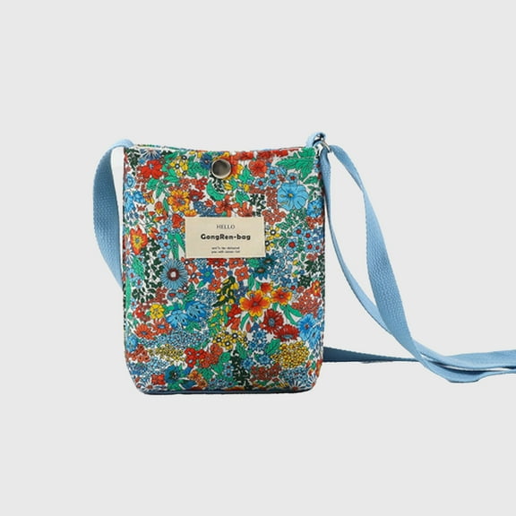 Women's Floral Canvas Crossbody Bag - Colorful Artistic Shoulder Purse - Blue