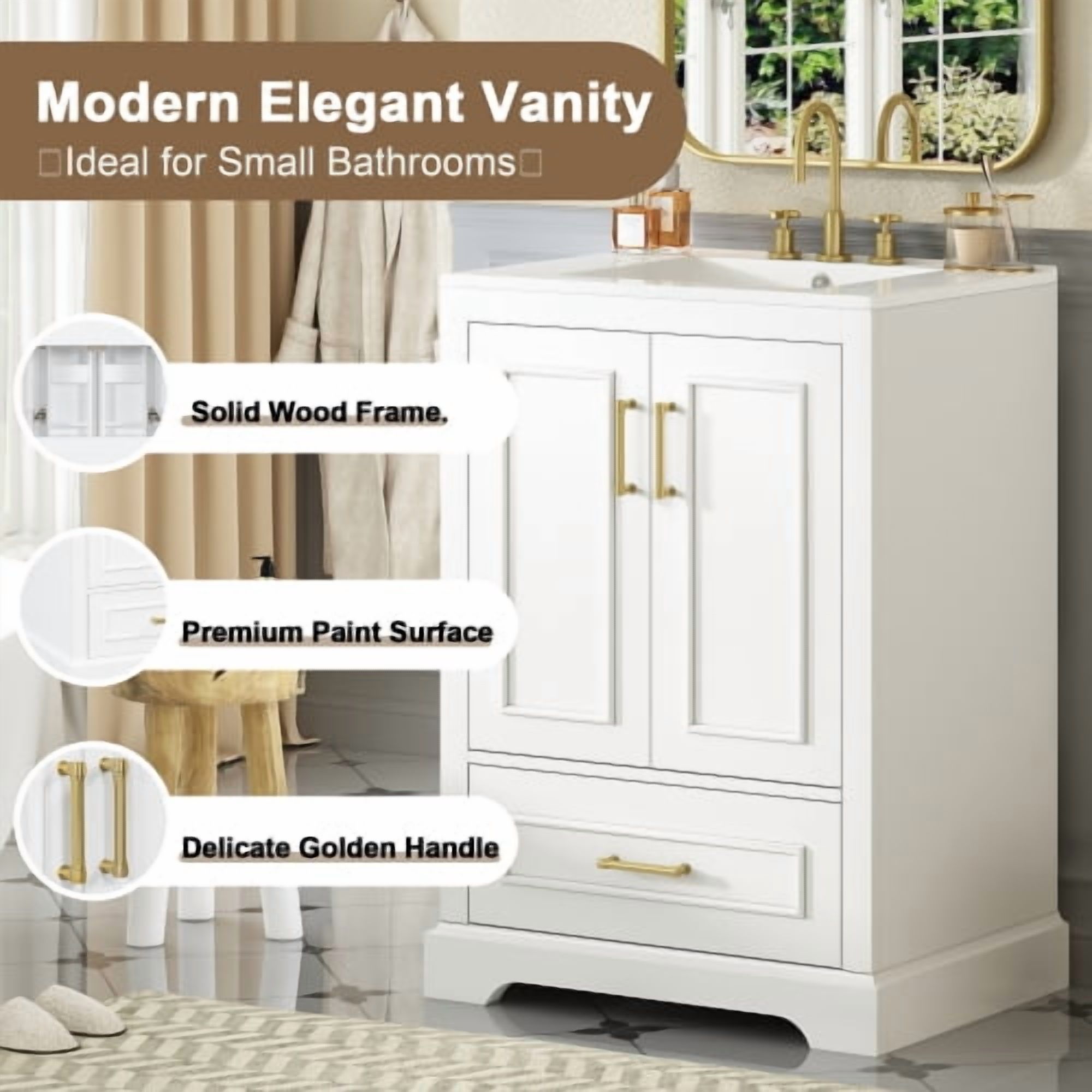 24 Inch Bathroom Vanity with Sink, Modern Freestanding Cabinet with Soft Close Doors and Ceramic Basin for Bathroom Storage, White
