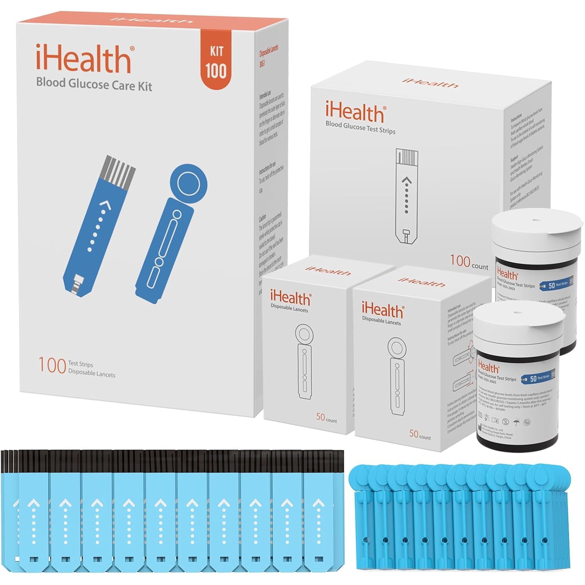 iHealth Blood Glucose Test Strips 100 Count, Lancets for Diabetes Management 100 Count, Compatible with iHealth Blood Glucose Monitor Only