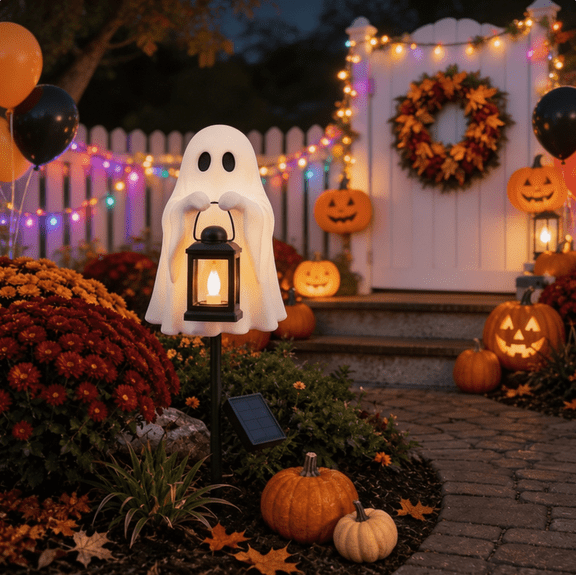 Solar Garden Lights Outdoor Halloween Decor, Ghost LED Stake Light Waterproof Lawn Ornament, Cute Spooky Decoration for Yard, Garden and Porch