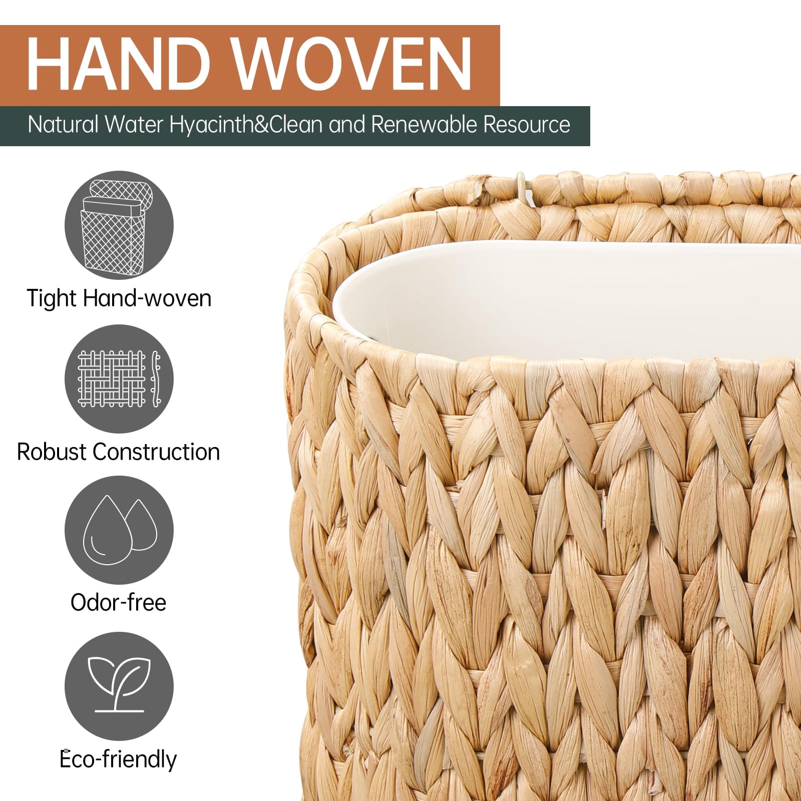 Wicker Bathroom Trash Can With Lid Narrow Rattan Waste Basket Removable Liner Bucket Slim Woven Water Hyacinth Garbage For Bedroom Office Small Spaces 3 Gallon