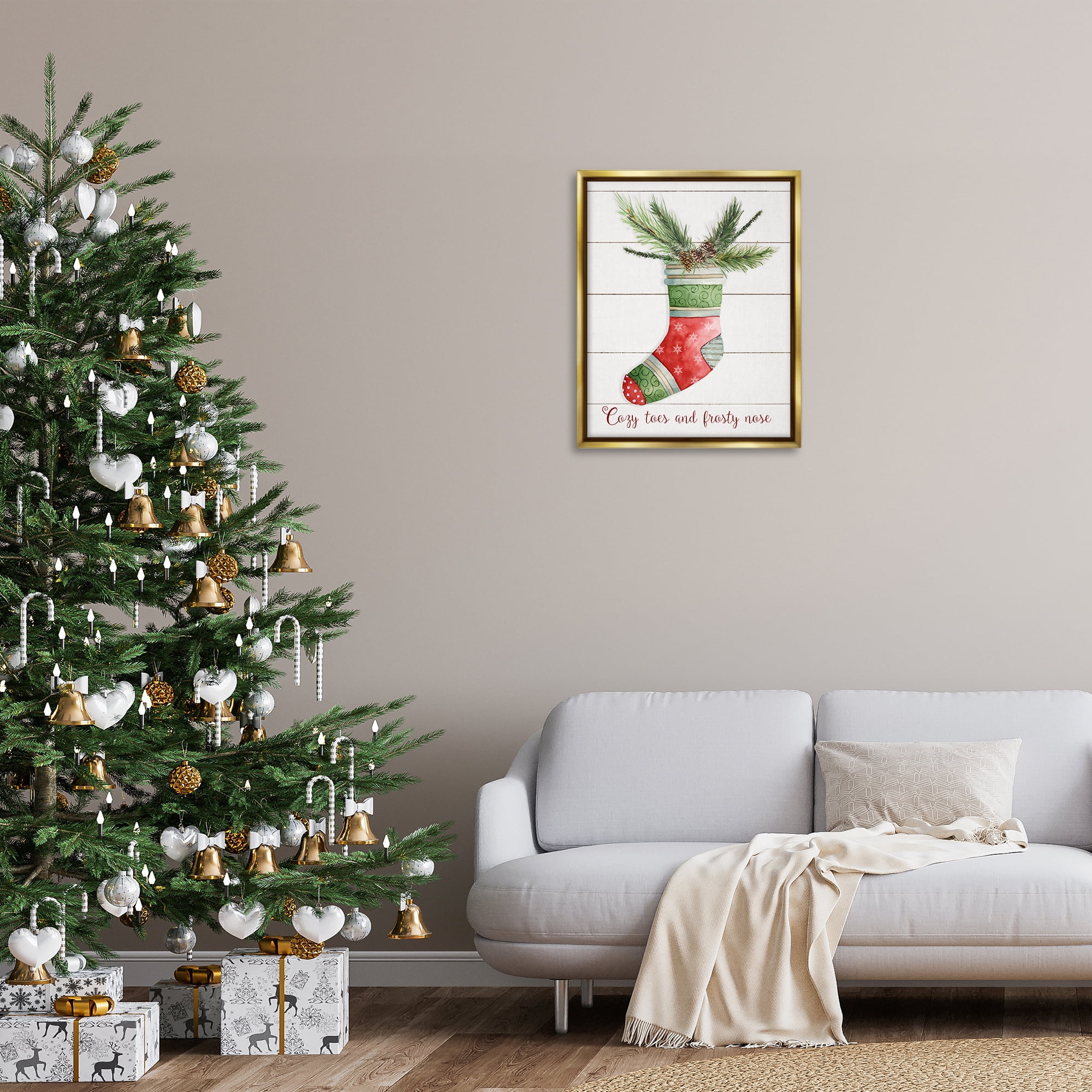Stupell Industries Cozy Toes & Frosty Nose Holiday Painting Gold Floater Framed Canvas Art Prints Wall Art, 25 x 31