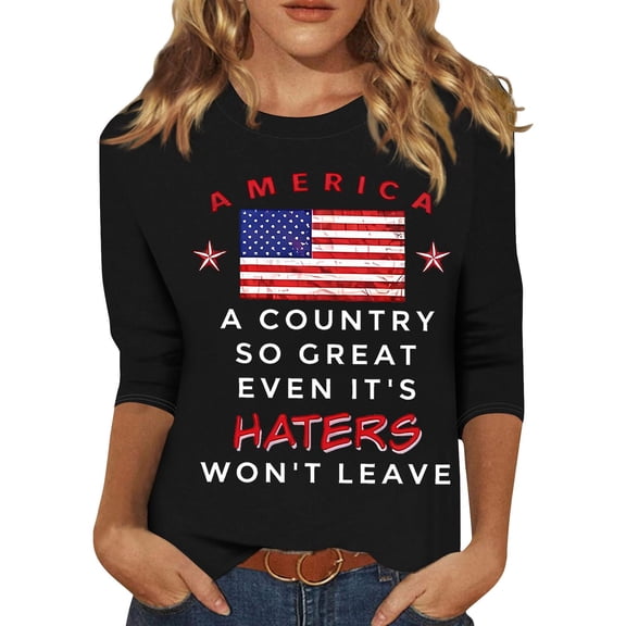 250th Anniversary USA Shirts for Women Casual 3/4 Sleeve USA Flag Print Tshirts Crew Neck 4th of July Patriotic Tunic Tops Independence Day Celebration Party 1776-2026 Blouses, M