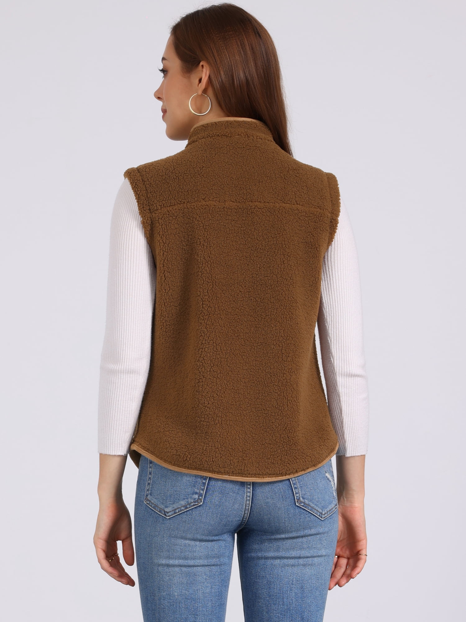 DARING DIVA Women's Fleece Button Down Jacket with Pockets Oversized Fuzzy Vests S Dark Brown
