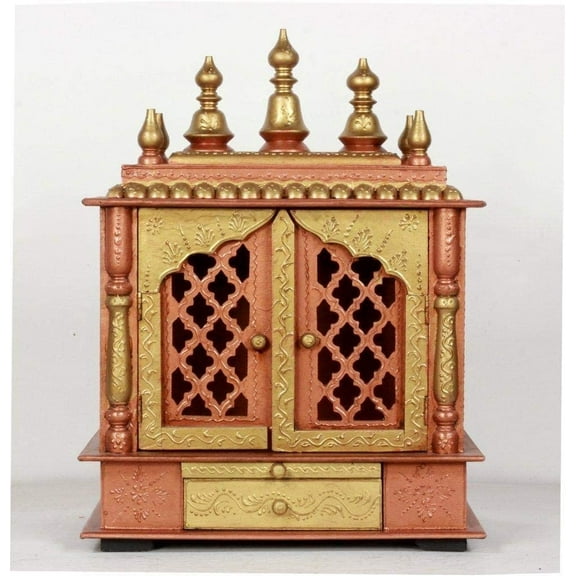 Wooden Copper Brown MANDIR TEMPLE With Doors for Home And Office/ Prayer Room/ Mandap Pooja Ghar/ Handmade wall mount Hindu Temple for Pooja