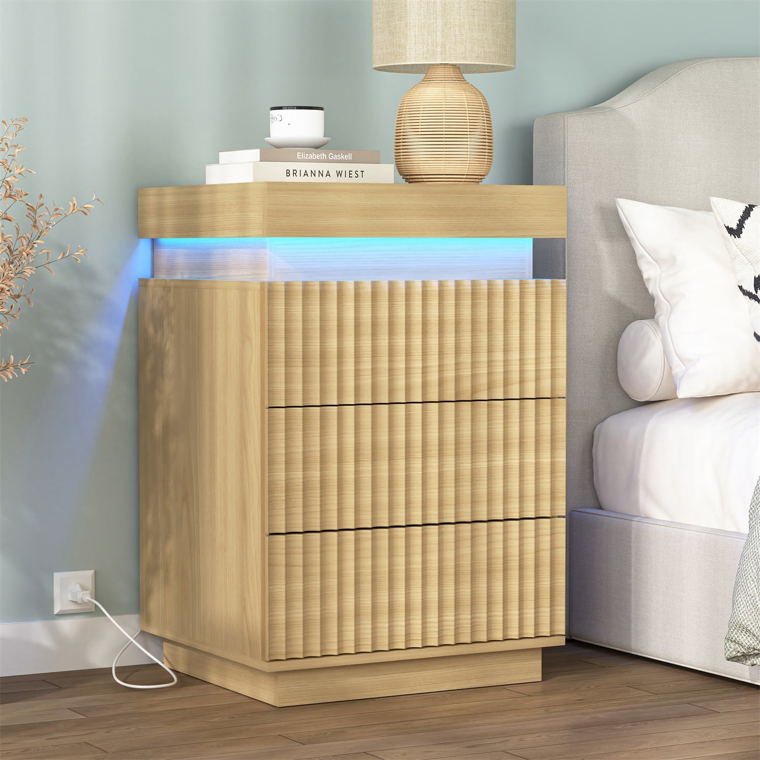 Hommoo Nightstand End Table Set of 2 with Fast USB Charging Station, Modern Wood Storage Sofa Side Table with 2 Drawers and LED lights, for Living Room,Bedroom,Office, Natural