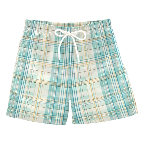 Blue Green Grid Boys Swim Trunks Quick Dry Boy Swim Shorts for 3-14 Years