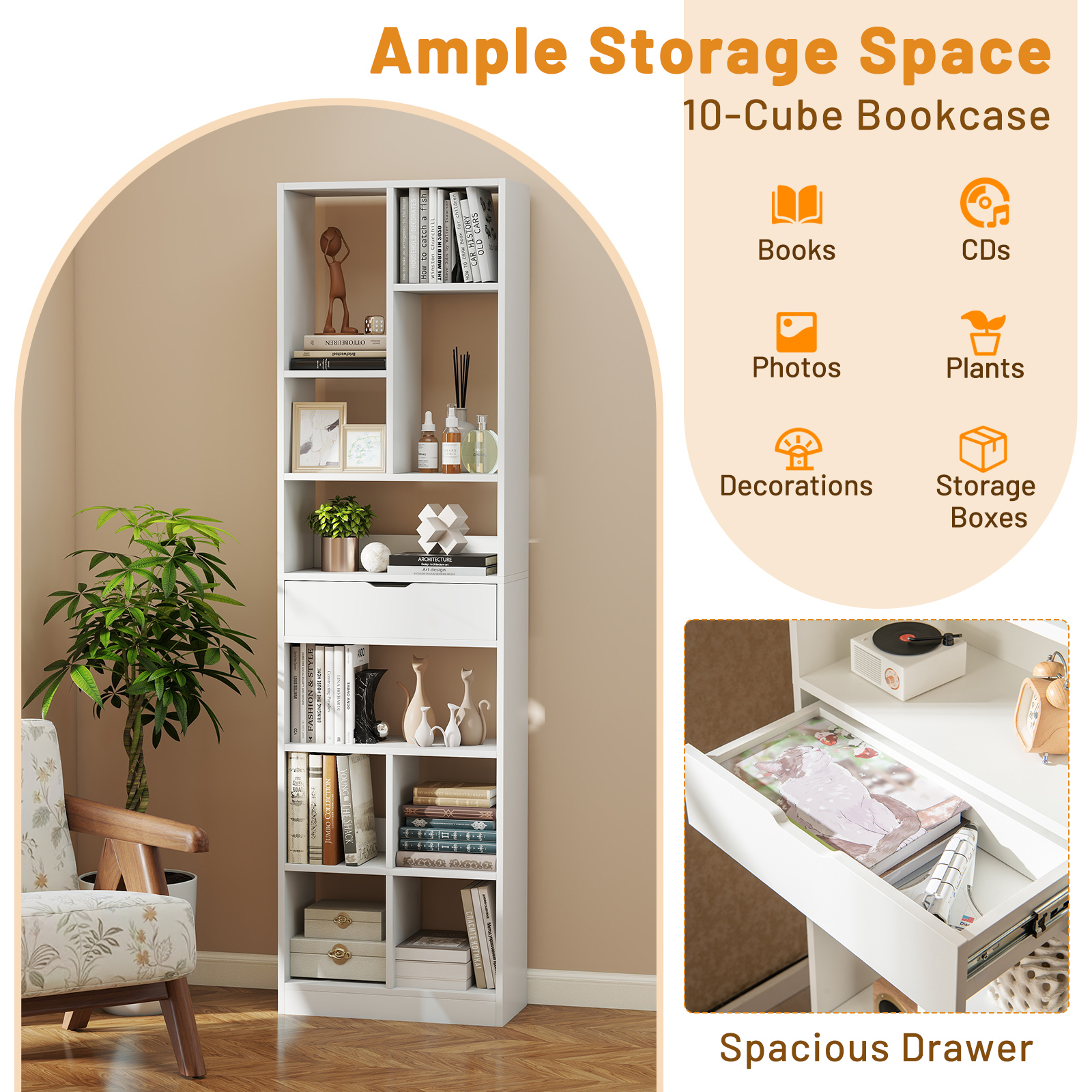 Gymax 71'' Tall Bookcase w/ Drawer Modern Bookshelf w/ 10 Open Cubes Display Rack