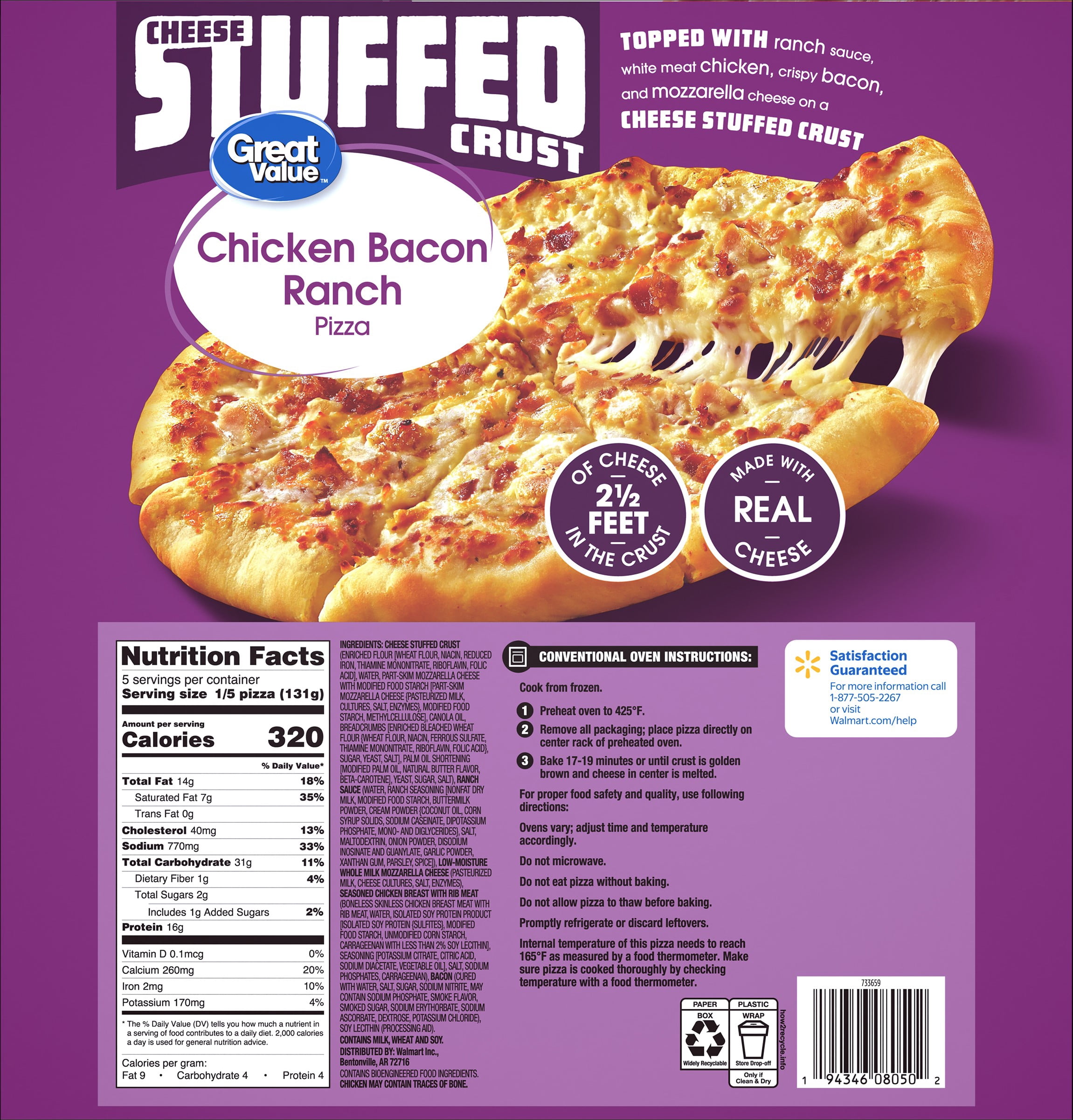 Great Value Stuffed Crust Chicken Bacon Ranch Sauce Pizza, 23.1 oz (Frozen)