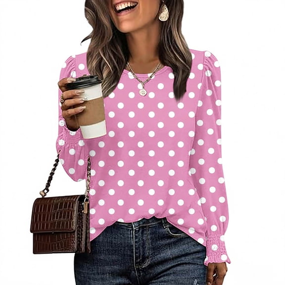 Polka Dots Long Sleeve Shirts Womens crew neck Tops Ladies Work Office Blouse Trendy solid color tunic Tee Top Pinks XL