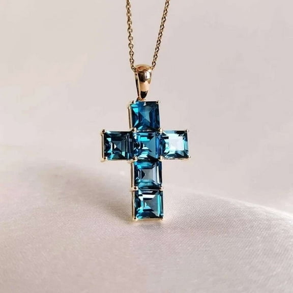 2.00CT Princess Cut Blue Topaz 925 Silver Cross Pendant In 14k Yellow Gold Plated