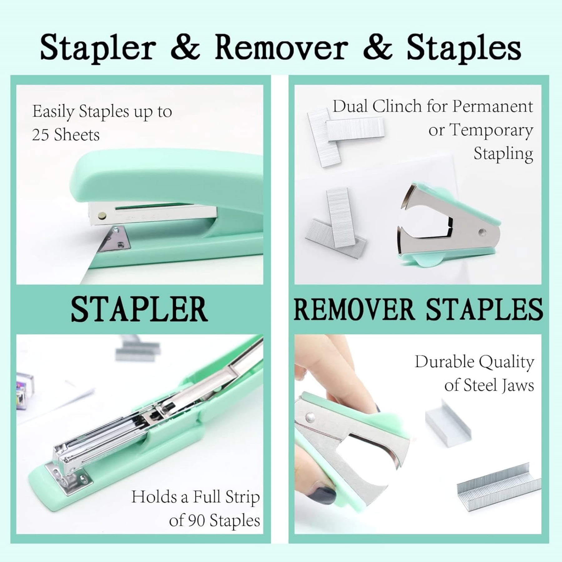 Green Office Supplies Set & Desk Organizer Kit,Desk Accessories, Stapler and Tape Dispenser Set for Women with Stapler, Tape Dispenser, Staple Remover, Staples, Clips, Scissor and Tabs