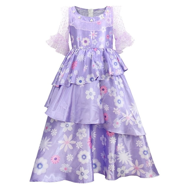 disfraz de cosplay de la película del anime madrigal, vestido de isabella: vestido largo morado estilo princesa con falda en capas escalonadas y estampado floral blanco y rosa, cuerpo ceñido con cinturilla fruncida y mangas cortas de tul transparente con lunares; incluye solo el vestido, tallas XS-3XL.