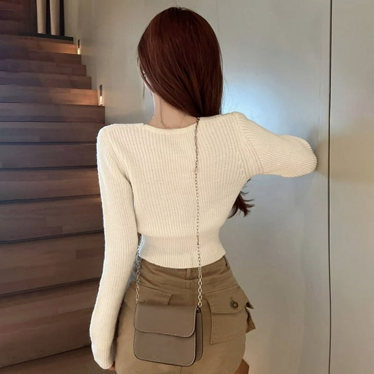 【送料無料/新品】 Sleeve Long Autumn Women Sweater Top Crop Slim Neck Square Clothing