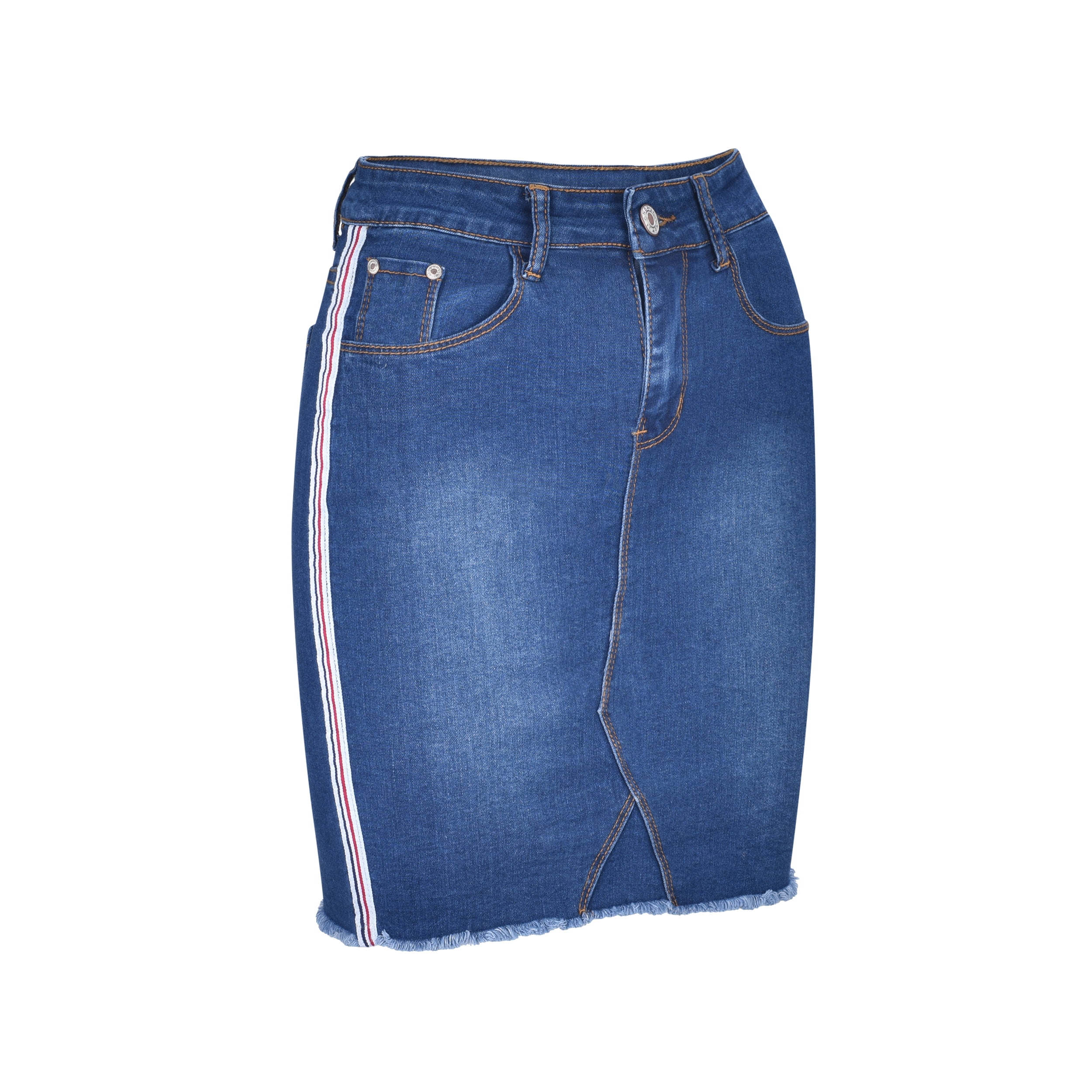 Women's Juniors Above Knee Length Denim Skirt with Racing Strips
