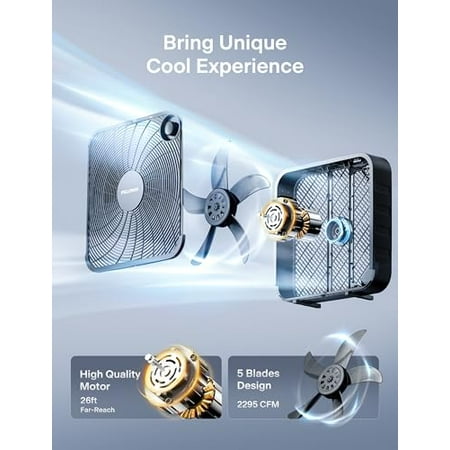 PELONIS Size 20 Inch Box Fan – 3 Speeds, 25ft/s, Floor Fans, Superior Air Throw (2295 CFM), Lightweight, 5 Blades, Portable & Durable for Bedroom, Office, Living Room, Garage