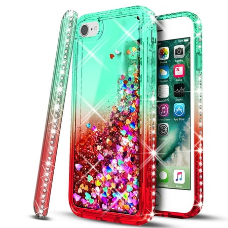 iPhone 7 Case, with [Tempered Glass Protector Included] Liquid Floating Glitter Quicksand Bling with Spot Diamond Cover - Green/Red