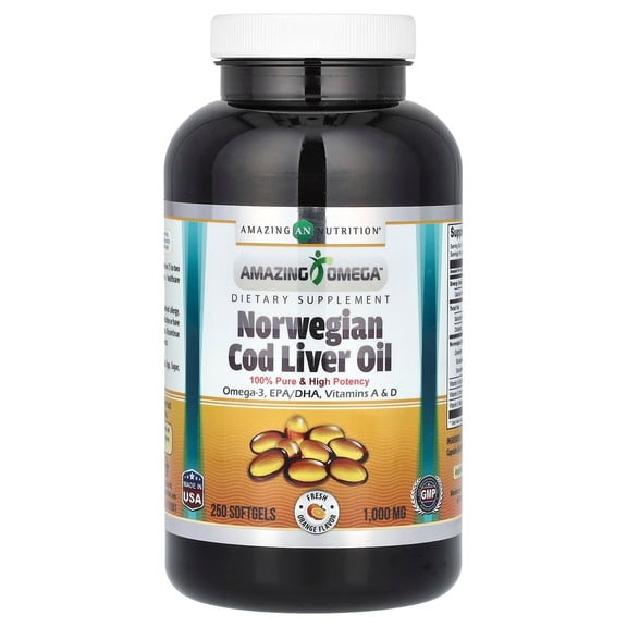 Amazing Omega Norwegian Cod Liver Oil 1000 Mg Per Serving 250 Softgels Supplement | Orange Flavor | Non-GMO | Gluten-Free | Rich Omega-3, EPA, DHA, Vitamin A, D & Vitamin Supplements