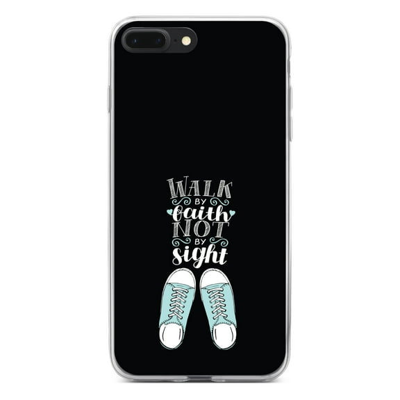 DistinctInk Clear Shockproof Hybrid Case for iPhone 7 PLUS / 8 PLUS (5.5" Screen) - TPU Bumper, Acrylic Back, Tempered Glass Screen Protector - Walk By Faith Not By Sign - Sneakers