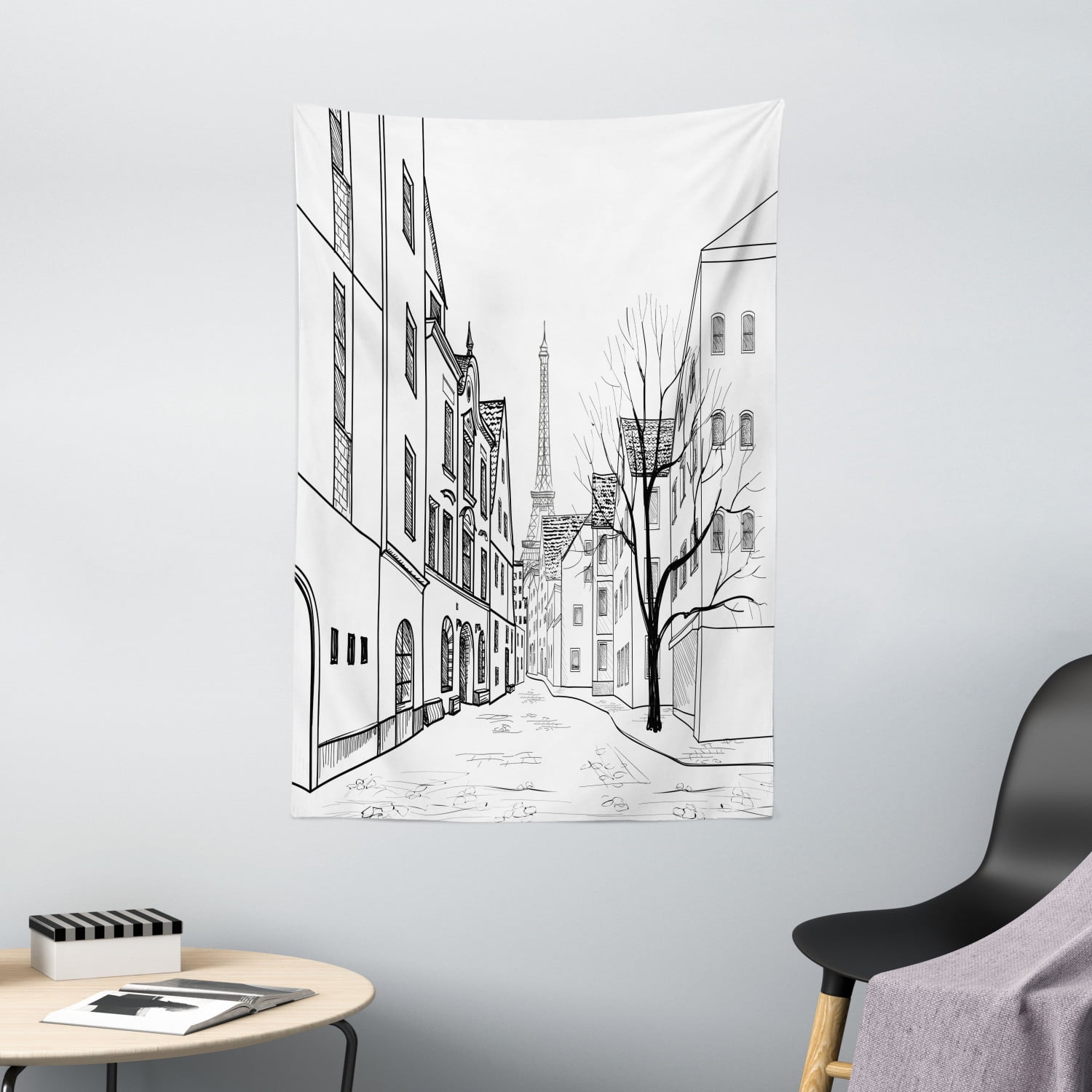 Cityscape Tapestry Paris Street With Houses Buildings And Tree On Alleyway Eiffel Tower Background Wall Hanging For Bedroom Living Room Dorm Decor Black White By Ambesonne Walmart Com Walmart Com