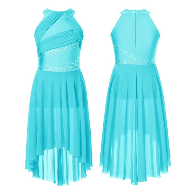 TiaoBug Robe de Danse Sans Manches pour Filles avec Strass Brillants, Justaucorps de Ballet Moderne, Tenue de Danse Bleu Clair 12
