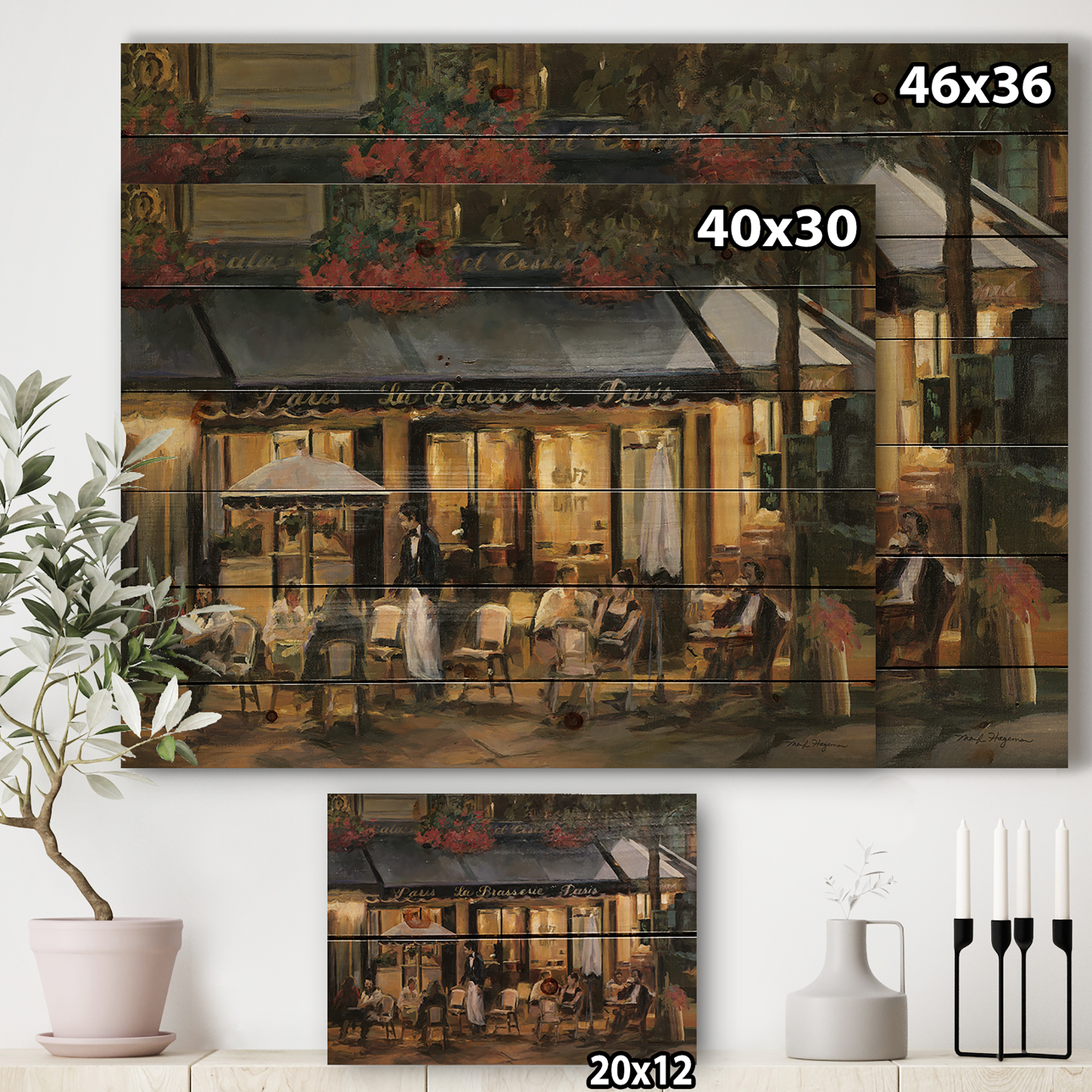 Designart 'La Brasserie of Champs-Élysées Paris Street' French Country Print on Natural Pine Wood