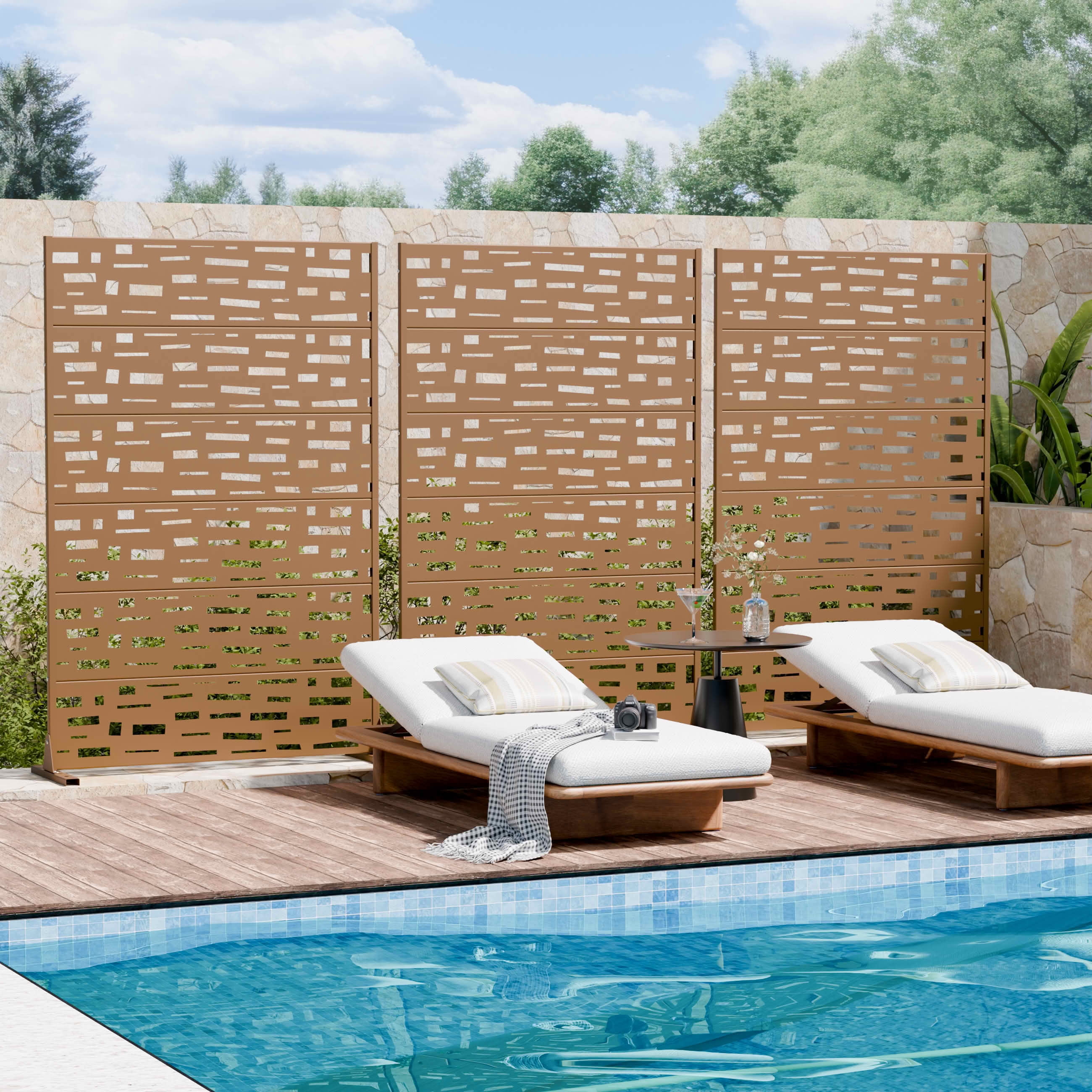 MAYEERTY 72X47" Metal Outdoor Brown Privacy Screen for Backyard & Garden, 6 Piece Set, Double‑sided Installation