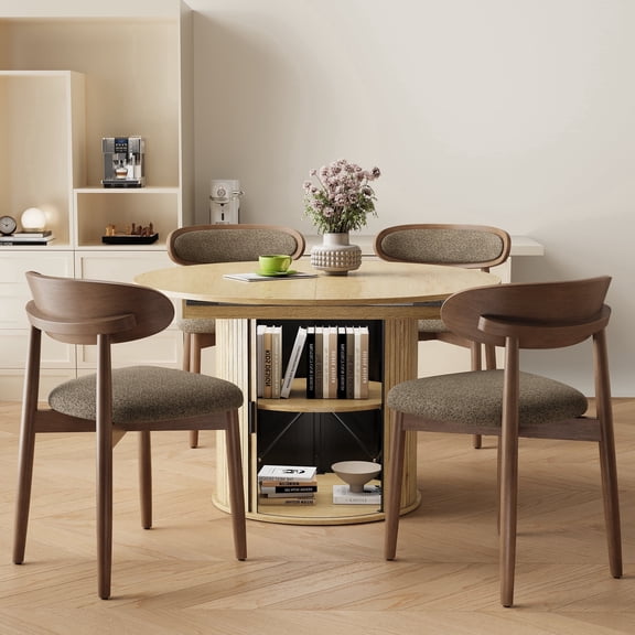 EOP 5-Piece Round Extendable Dining Table Set for 4, 47''-63'' Wood Kitchen Table with 4 Chairs, Space-Saving Drop Leaf Table & Seating for Living Room, Kitchen, Dining Room
