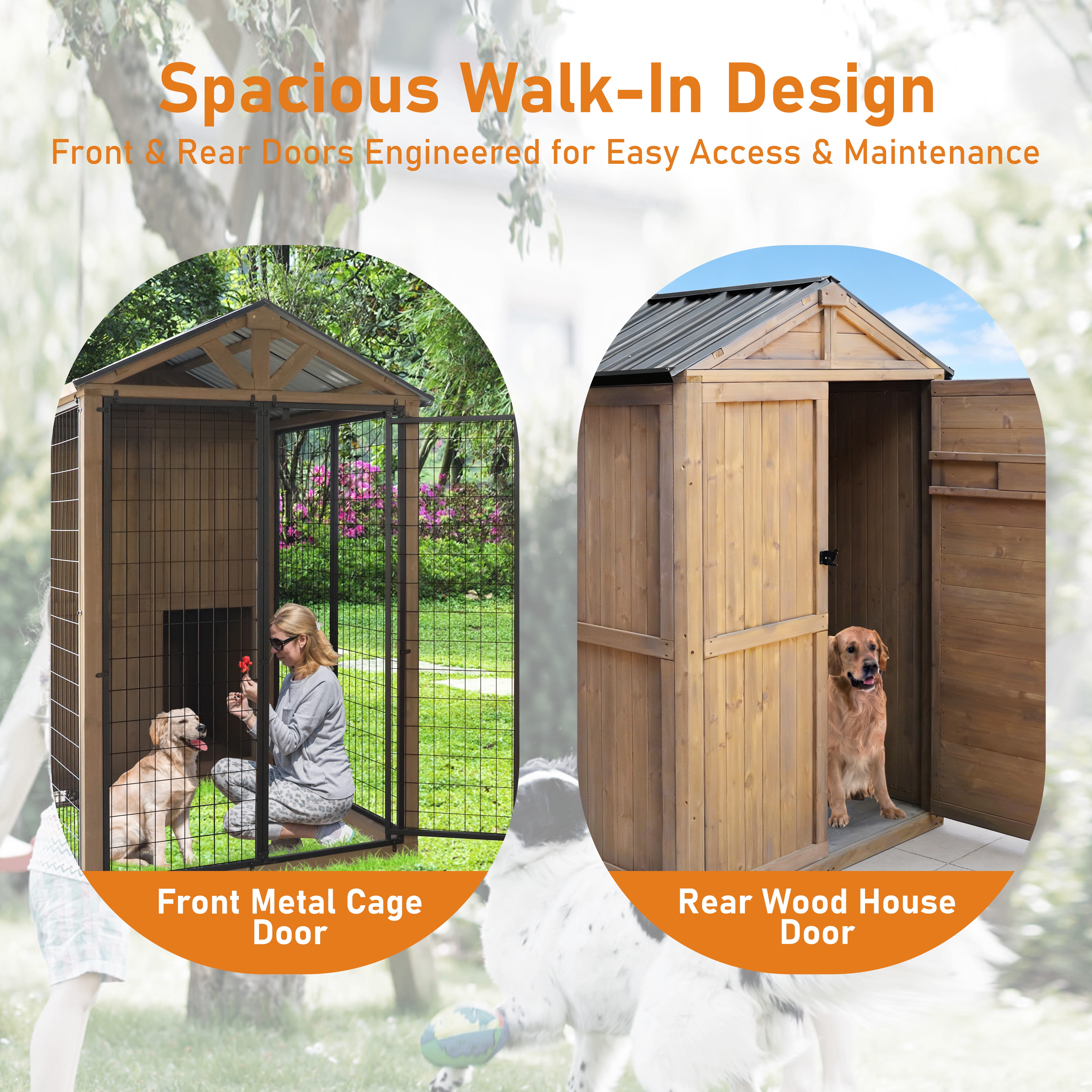 VEIKOUS 8' x 4' Large Outdoor Dog Kennel, Walk-in Partition Design Dog House with Double Doors & Observation Window, Pet Shelter with Waterproof Roof, Stainless Steel Bowls for Large Breeds