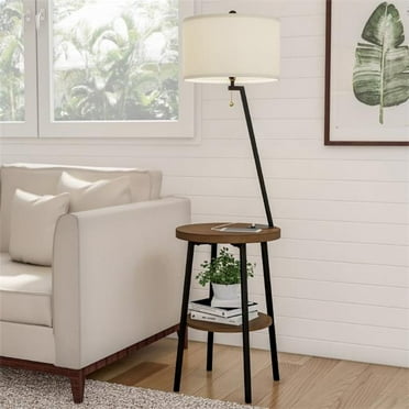 Lavish Home  Floor Lamp End Table-Mid Century Modern Side Table with Drum Shaped Shade, Brown, Black & Off-White