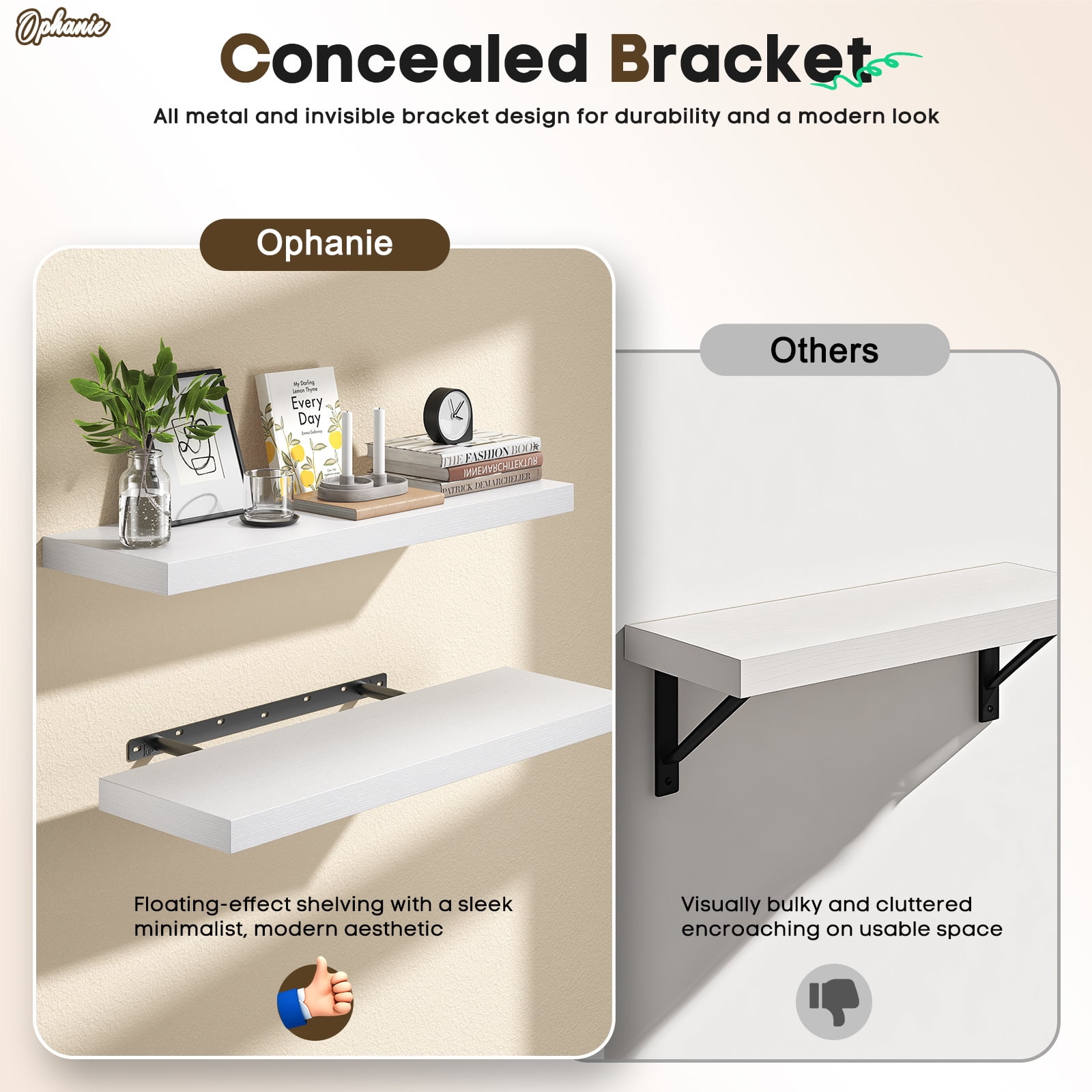 Ophanie 22.5 inch 2 Pack Wood Floating Shelves, Hanging Float Shelf for Wall Mounted Decorative Shelves, 6.7 x 23 Inch, Set of 2, White Ophanie 22.5 inch 2 Pack Wood Floating Shelves, Hanging Float Shelf for Wall Mounted Decorative Shelves, 6.7 x 23 Inch, Set of 2, White - Image 3