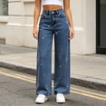 thumbnail image 5 of Women's High Waist Sparkly Rhinestone Wide Leg Jeans Loose Straight Denim Pants with Pockets Vintage Y2K Streetwear Fashion Bottoms Dark Blue, 5 of 9
