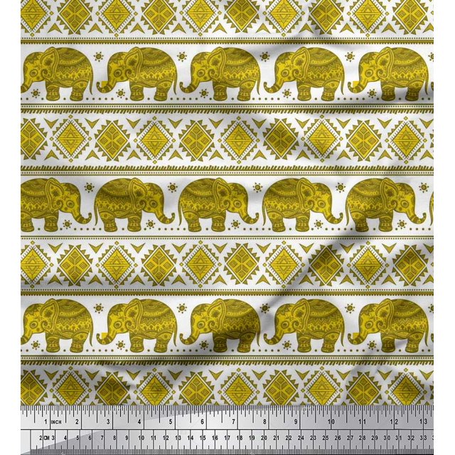 Soimoi polyester Crepe Fabric Aztec & Tribal Elephant Ethnic Fabric Prints By Yard 42 Inch Wide