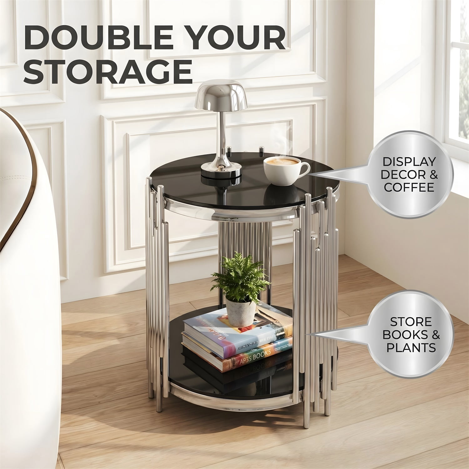Hommoo 19.7" Round 2-Tier Glass End Table, Tempered Glass Top & Stainless Steel Legs, Modern Luxury Side Table for Living Room, Bedroom or Home Office, Black & Sliver