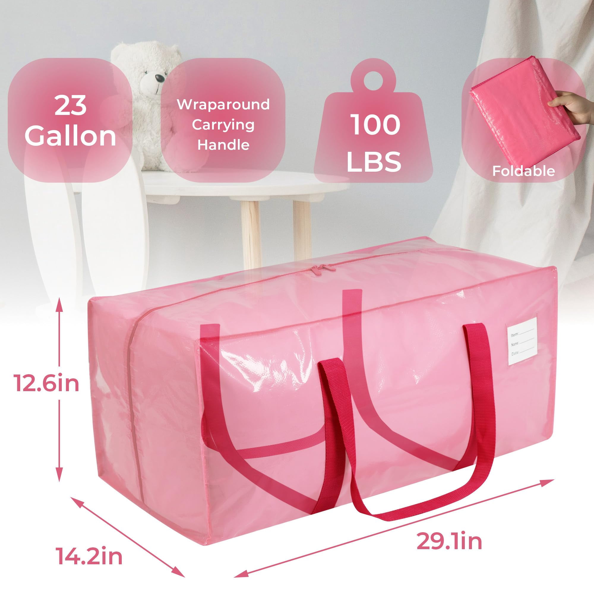 6 Pack Extra Heavy Duty Large Moving Bags with Comfortable Handle & Strong Zipper for Clothes, Moving Boxes Dorm College Packing Supplies (Pink)