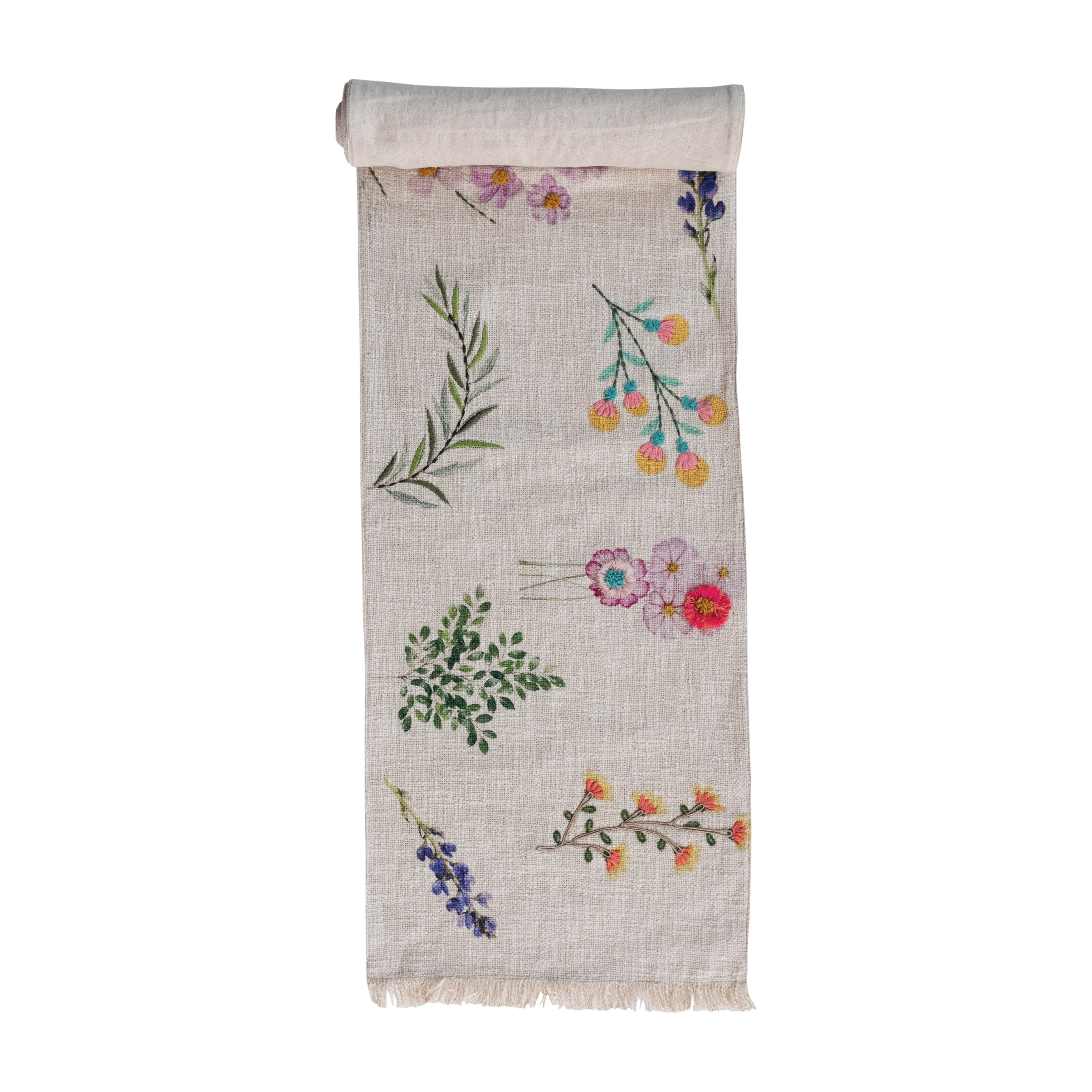 Bloomingville Long Slub Printed Rectangle Table Runner with Flowers, Embroidery and Fringe, Multicolor