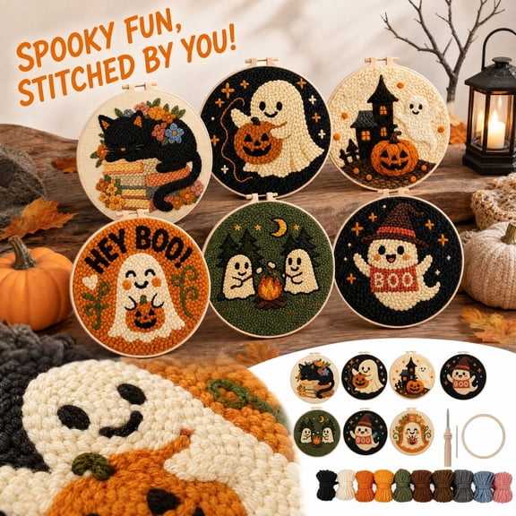 Punch Needle Kit for Beginners with Wooden Hoop and Textured Fabric, Easy Stitching Craft Kit for Home Decoration and Relaxation, Halloween Party Decor for Adults, 1 Set