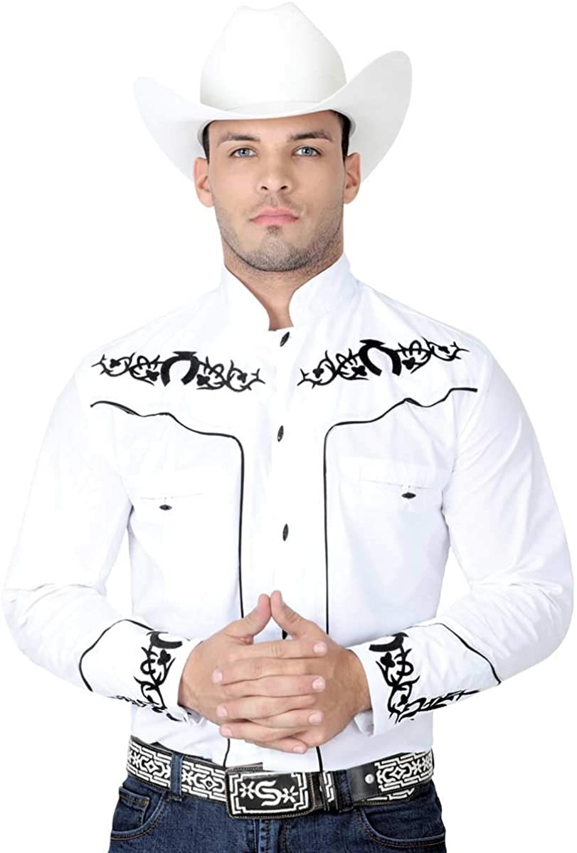 Men's Charro Shirt Camisa Charra El General Western Wear Black White Long Sleeve 