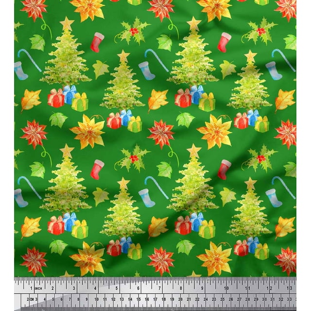 Soimoi Green polyester Crepe Fabric Gifts & Christmas Tree Printed Craft Fabric by the Yard 42 Inch Wide