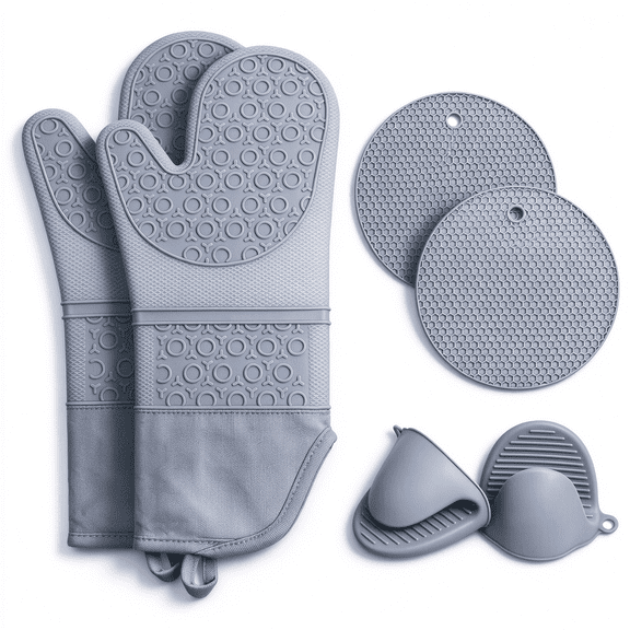 Gutsdoor 6 Pcs Oven Mitts and Pot Holders Set, Heat Resistant Non-Slip Silicone Mini Oven Gloves & Hot Pads, 15 Inch Extra Long Oven Gloves, Grey