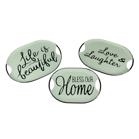 Zeckos Black and White Metal Trays With Life Love and Home Wording (Set of 3)