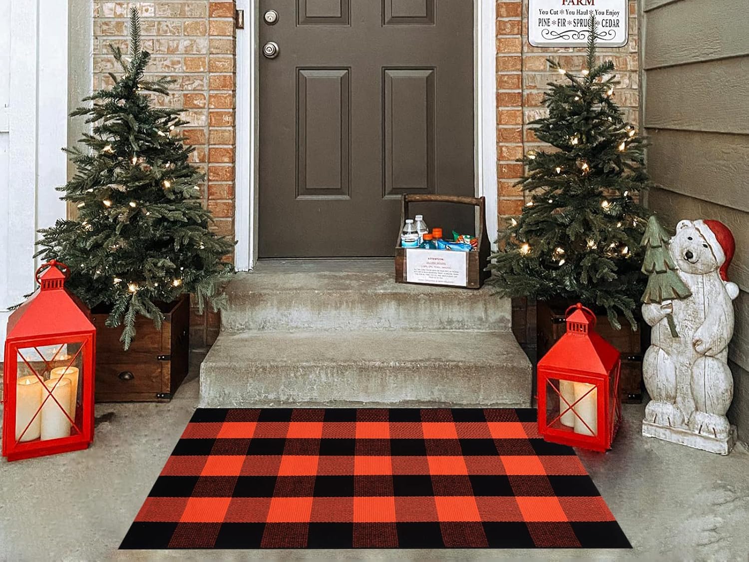 OMA Fall Plaid Rug 28" x 43", Orange and Black Buffalo Check Front Porch Outdoor Layered Doormat, Cotton Hand-Woven Washable Rug for Halloween Thanksgiving Autumn Decor