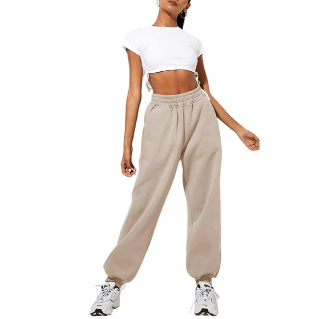 Innerwin Jogger Pants With Pockets Women Trousers Sports Solid Color Lounge Sweatpants Beige XL